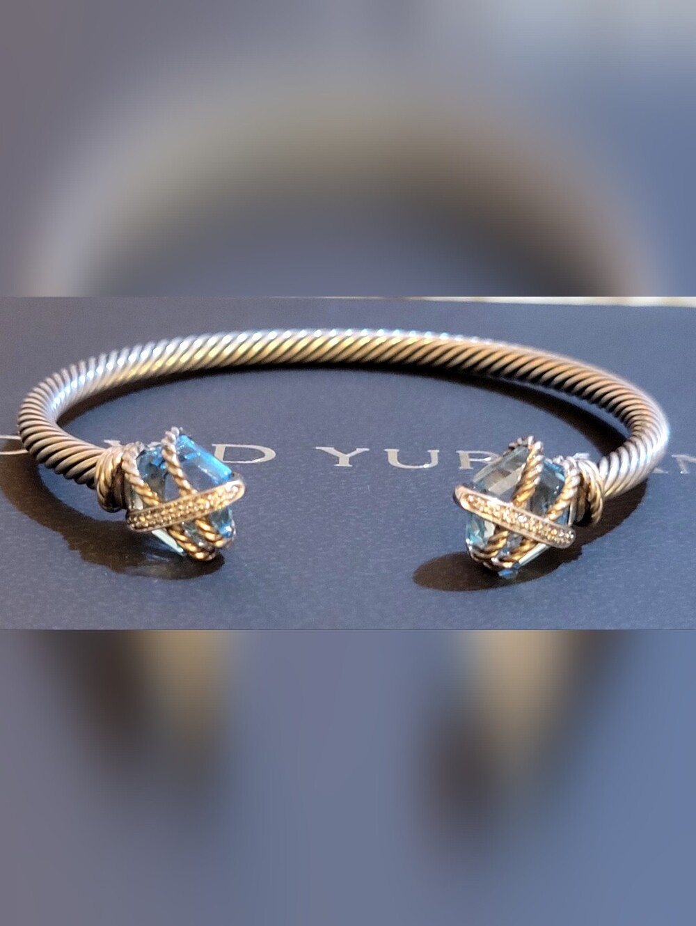 David Yurman Blue Topaz and Pave Diamond 4 mm Cable Wire Bracelet - Picture 6 of 16